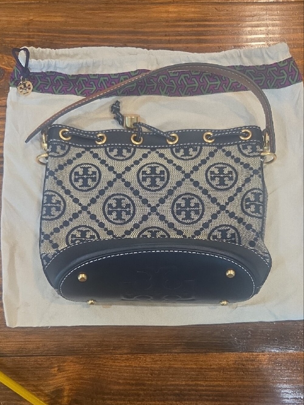 Tory Burch Navy and Tan Logo Jacquard Drawstring Shoulder Bag